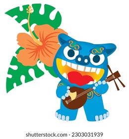 illustration of a pop hibiscus and a shisa playing the ukulele. Shisa is a clay figure of the guardian deity of Okinawa, Japan. Okinawa guardian lions