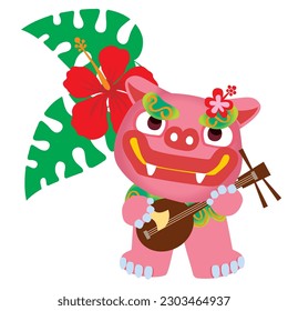 illustration of a pop hibiscus and a shisa playing the ukulele. Shisa is a clay figure of the guardian deity of Okinawa, Japan. Okinawa guardian lions