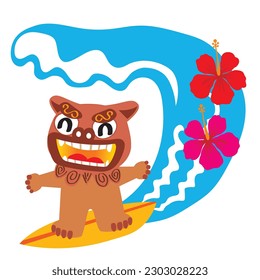 illustration of a pop shisa who surfs. Shisa is a clay figure of the guardian deity of Okinawa, Japan.