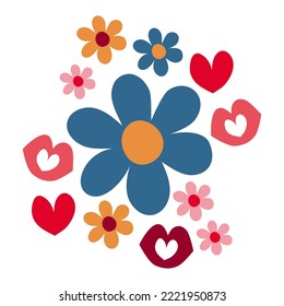 Illustration of a pop style flowers, hearts and lips