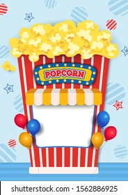 Illustration of popcorn booth decorated with awning and balloons.