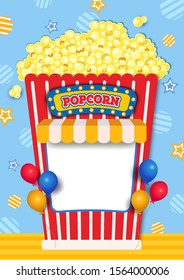 Illustration of popcorn booth decorated with awning and balloons.