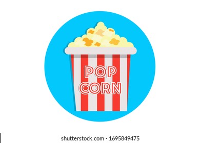 Illustration of popcorn box in blue circle isolated on white background 