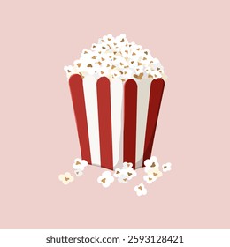 Illustration of a popcorn box with red and white stripes, overflowing with popcorn. Popcorn kernels scattered around. Popcorn box on a pink background. Isolated vector illustration.
