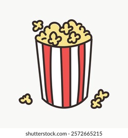 Illustration of a popcorn bucket with red and white stripes. Popcorn spills out of the bucket. Popcorn and bucket create a fun, snack-themed image. Doodle vector illustration isolated on white.