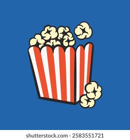 Illustration of a popcorn bucket with red and white stripes on a blue background. Popcorn spilling out. Classic popcorn design. Movie snack theme. Funky vector illustration.