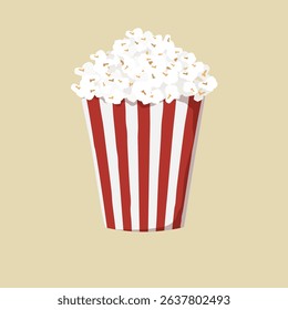 Illustration of a popcorn bucket with red and white stripes, filled with popcorn. Popcorn bucket against a plain background. Classic popcorn design. Aesthetic vector illustration.