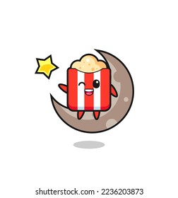 illustration of popcorn cartoon sitting on the half moon , cute style design for t shirt, sticker, logo element