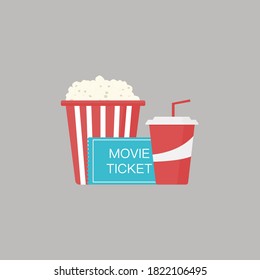 Illustration of popcorn, cola and ticket. Cinema design in flat style.	
