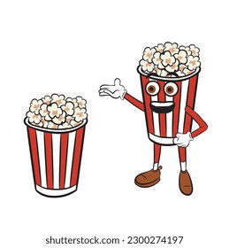 ilustración de una taza de palomitas y una mascota. Vector aislado sobre fondo blanco.