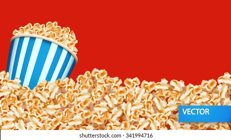 illustration of a lot of popcorn  with full cup of popcorn on red color background