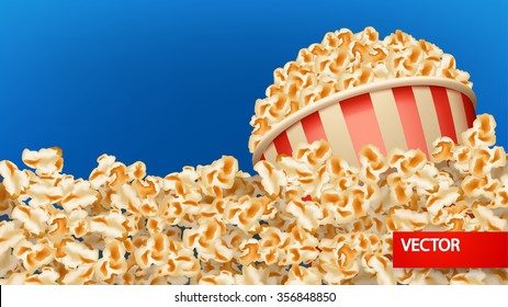 illustration of a lot of popcorn with full cup of popcorn on blue background