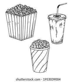 Illustration of popcorn and soda. Design element for poster, card, banner, menu. Vector illustration