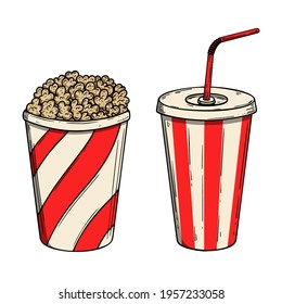 Illustration of popcorn and soda. Design element for poster, card, banner, menu. Vector illustration