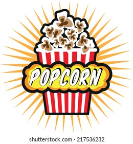 Illustration Popcorn in striped bucket on white background boom!