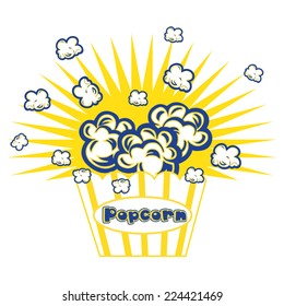 Illustration Popcorn in striped bucket on white background boom