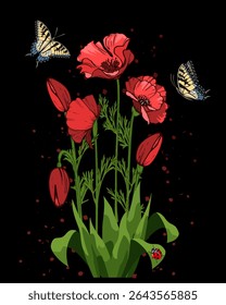 Illustration with poppies and butterflies.Vector illustration with red poppies and bright butterflies on a black background.