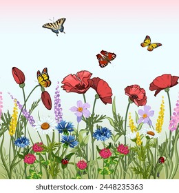 Illustration with poppies and wildflowers.Vector pattern with poppies, wildflowers and butterflies on a colored background.