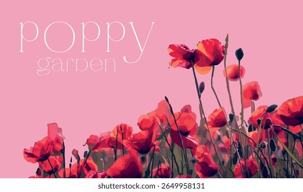 Illustration of a poppy garden. Red flowers. Vector art. Poster