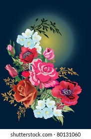 illustration with poppy, rose and jasmine flowers decoration