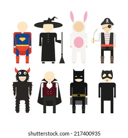 Illustration of popular halloween costumes, including vampire, rabbit, superhero, pirate, skeleton, monster, witch. Vector halloween illustration.