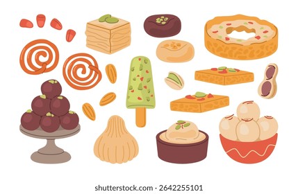 Ilustração de doces indianos populares, incluindo Gulab Jamun, Jalebi, Rasgulla, Barfi, Ladoo, Modak, Kulfi e sobremesas mais tradicionais.