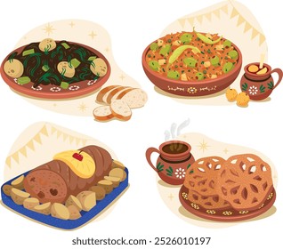 Illustration of popular Mexico Christmas dinner. Romeritos, christmas cod, stuffed loin, ponche and buñuelos