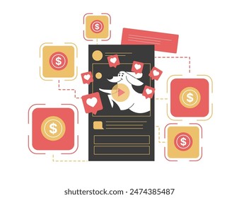 Illustration of a popular social media account featuring a dog video, surrounded by like icons and dollar signs, representing online engagement, social influence, and monetization of digital content