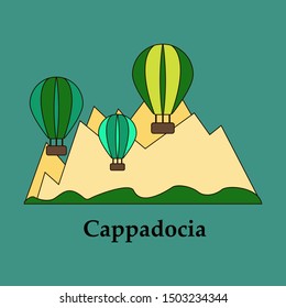 Illustration of a popular turkish travel destination Cappadocia. Balloons in the sky.