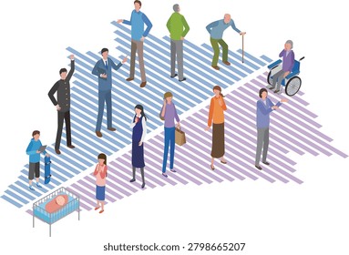 Illustration of a population pyramid and people