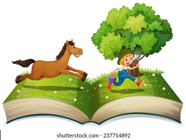 Illustration of a pop-up book with a farmer and a horse