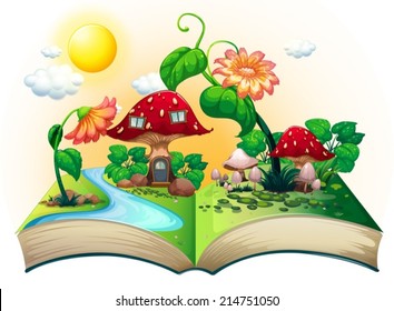 Illustration of a popup book with mushroom house