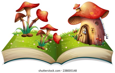 Illustration of a popup book with mushroom house