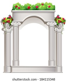 Illustration of a porch with flowering plants on a white background