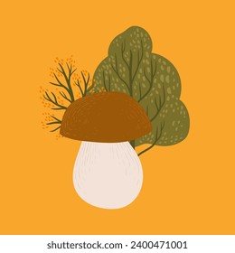 illustration with porcini mushroom in the forest. mushroom print