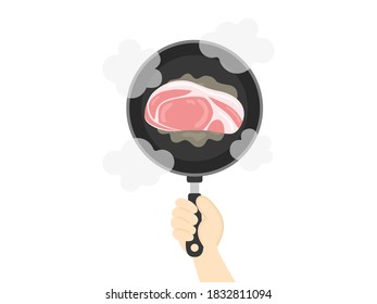 Illustration of pork cooked in a frying pan.