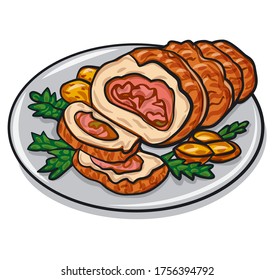 illustration of the pork roulade with baked potato on the plate