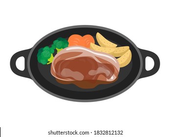 Illustration of pork steak on an iron plate.