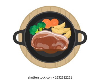 Illustration of pork steak on an iron plate.