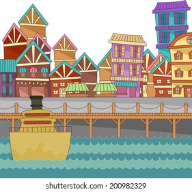 Illustration of a Port with Colorful Buildings in the Background