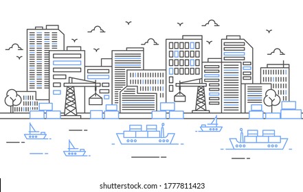 Illustration of a port with large ships and cargo in thin line style