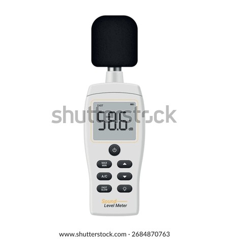 Illustration of a portable sound level meter used to measure sound levels in decibels during a routine assessment in a quiet environment.