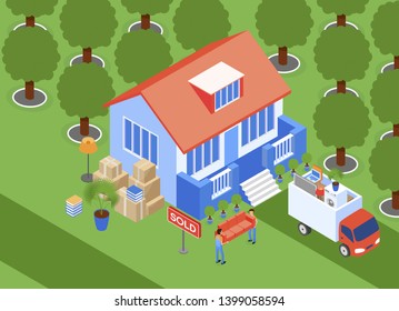 Illustration Porters Carry Furniture Isometric. Movers Load Couch into Van. Property is Collected and Packed in Cardboard Boxes. Ordered Furniture Transportation Service. Flat Vector.