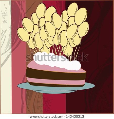 illustration portion of chocolate and strawberry cake with balloons and red background, coffee and cream.