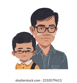 Illustration of portrait of Asian father and his little boy. Happy Father's day.