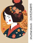 illustration of portrait japanese geisha in kimono, japan woman in traditional floral vector style wall art print decor