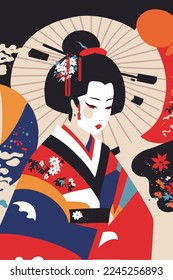 illustration of portrait japanese geisha in kimono, japan woman in traditional floral vector style wall art print decor