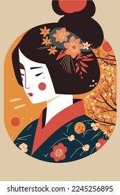 illustration of portrait japanese geisha in kimono, japan woman in traditional floral vector style wall art print decor