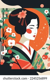 ilustración de geisha japonesa retrato en kimono, japonesa en decoración tradicional de arte de pared con estilo vectorial floral