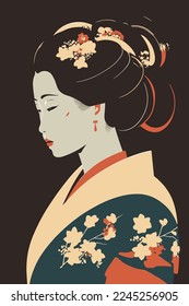 ilustración de geisha japonesa retrato en kimono, japonesa en decoración tradicional de arte de pared con estilo vectorial floral